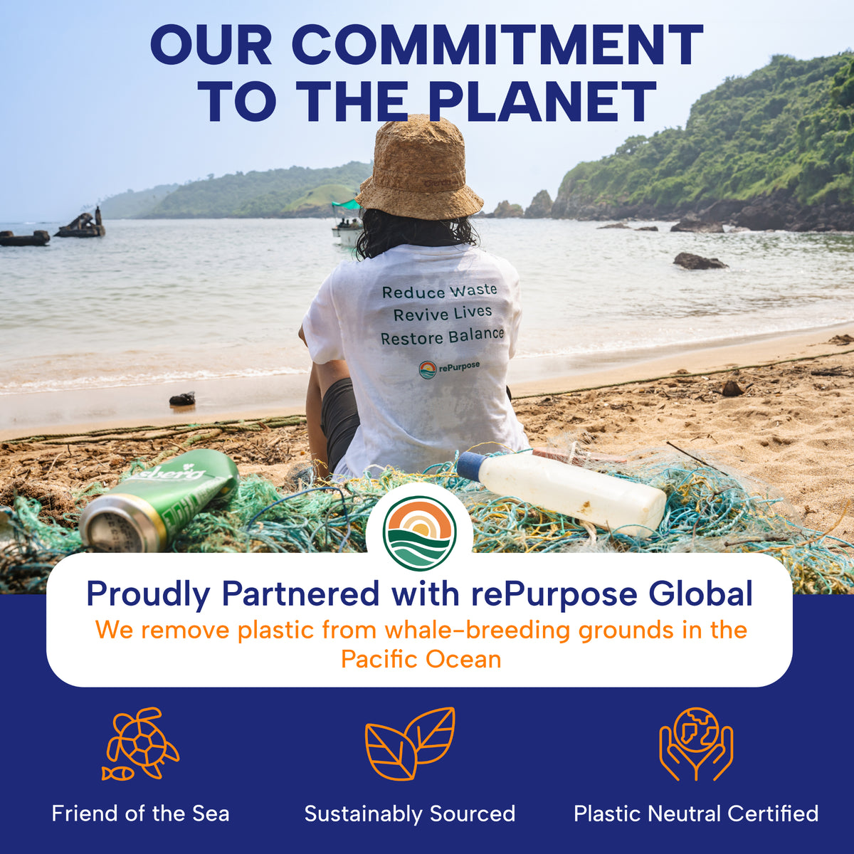 Person wearing straw hat and white t-shirt sitting on beach with collected plastic waste and fishing net.
